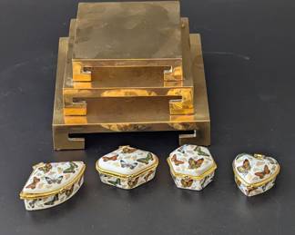 Lot #144 - Chinese Stands & Set of Butterfly Ceramic with Gold Trim Hinged Trinket Jewelry Boxes