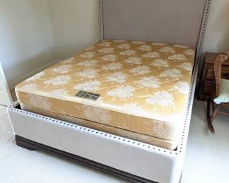 Lot #106 - Gray Upholstered Queen Bed Frame With Box Spring & Mattress