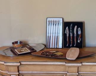 Lot #51 - Collectors Serving & Cheese Set Lot - Laguiole Knives, Forks, Cheese Board, Tray & More