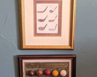 Lot #88 - Vintage Golf Memorabilia Lot - Framed Golf Club Illustrations & Historical Golf Balls Collection