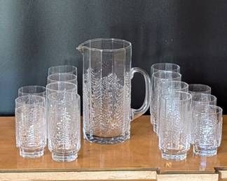 Lot #47 - Vintage Clear Glass Evergreen Tree Drinkware Set - Pitcher & Tumblers