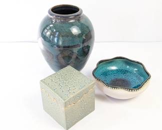 Lot #137 - Collectors Decorative Pottery Lot - Vase, Bowl, and Decorative Box