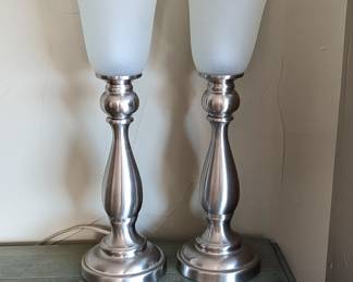 Lot #59 - Contemporary Silver Table Lamp Set - Frosted Glass Shades & Elegant Design