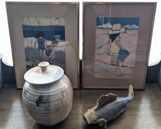 Lot #128 - Limited Edition Terri Schneider Framed Batiks With Pottery Jar & Fish
