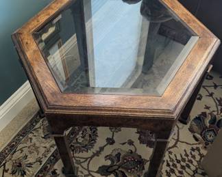 Lot #89 - Hexagonal Glass-Top Burl Wood End Table