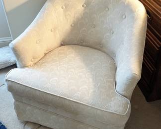 Lot #104 - Upholstered Accent Chair With Matching Footstool - Cream Floral Design