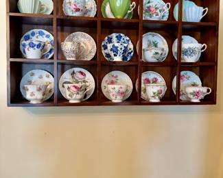 Vintage cups saucers and great display shelf