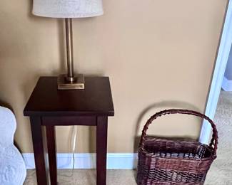 Wooden Side Table, Lamp and Basket