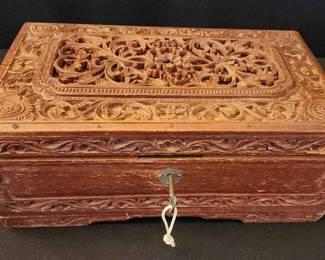 Hand Carved Walnut Jewelry Box With Key