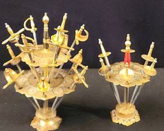 1970s Toledo Damascene Spain Miniature Sword Cocktail Picks and Stand