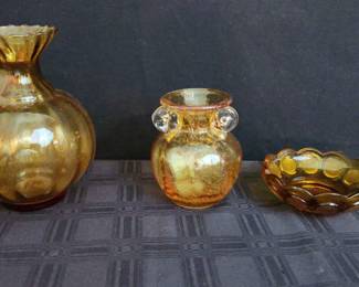 Set 3 of Honey Amber Glass Vases  Nappy Dish 
