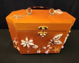 Vintage Sea Shell Adorned Wood Box Purse