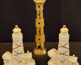 Classic Gold Trimmed Ivory Lenox Light Houses and Brass Light House