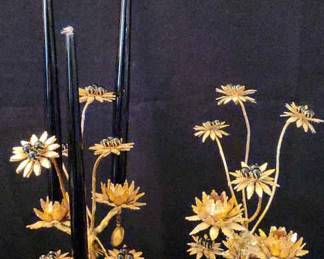  057 MCM Bonsai Floral Tri Candle Holder Plated In 24k Gold With 3 Navy Lucite Candles