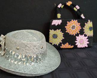 Silver Bedazzled Cowboy Hat And Floral Bead Purse