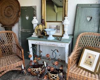 Vintage wicker chairs, antique tole wall sconces, pair alabaster lamps , vintage runner, antique shutters, English ironstone, sailboat brass fireplace set, vintage needlepoint pictures