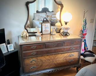 Antique flame mahogany & burl bedroom set - queen bed, bedside stand, dresser & mirror, and highboy