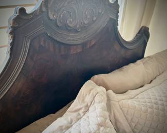 Antique flame mahogany & burl bedroom set - queen bed, bedside stand, dresser & mirror, and highboy (bed includes mattresses)