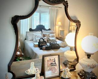 Antique flame mahogany & burl bedroom set - queen bed, bedside stand, dresser & mirror, and highboy