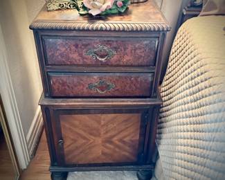 Antique flame mahogany & burl bedroom set - queen bed, bedside stand, dresser & mirror, and highboy