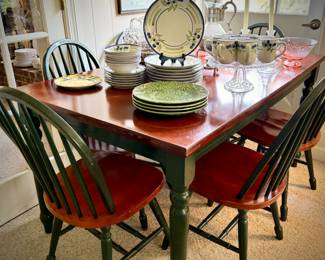 Green dining table and 6 chairs