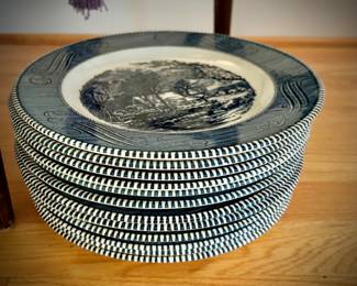Blue Currier & Ives china set - 170+ pieces, plus multiple serving pieces, glassware, butter dish, cream & sugar, handled platters, dinner plates, lunch plates, bowls, coffee cups & saucers