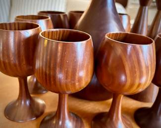 MCM vintage wood decanter and turned goblets. Also includes mid-century wood candleholders