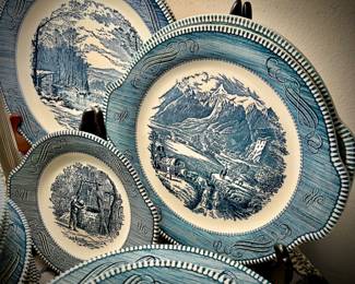 Blue Currier & Ives china set - 170+ pieces, plus multiple serving pieces, glassware, butter dish, cream & sugar, handled platters, dinner plates, lunch plates, bowls, coffee cups & saucers