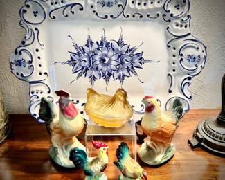 Chicken/rooster collection with amber glass hen on nest