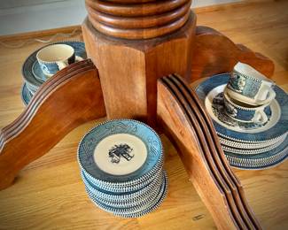 Blue Currier & Ives china set - 170+ pieces, plus multiple serving pieces, glassware, butter dish, cream & sugar, handled platters, dinner plates, lunch plates, bowls, coffee cups & saucers