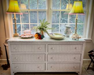 White wicker dresser with six drawers and glass top