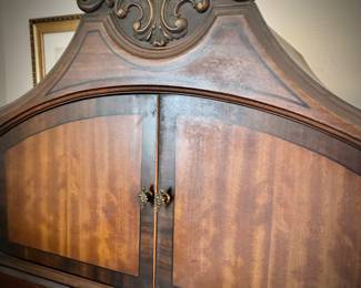 Antique flame mahogany & burl bedroom set - queen bed, bedside stand, dresser & mirror, and highboy