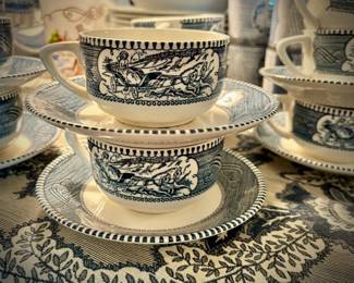 Blue Currier & Ives china set - 170+ pieces, plus multiple serving pieces, glassware, butter dish, cream & sugar, handled platters, dinner plates, lunch plates, bowls, coffee cups & saucers