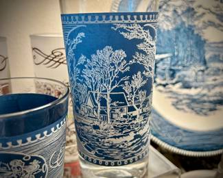 Blue Currier & Ives china set - 170+ pieces, plus multiple serving pieces, glassware, butter dish, cream & sugar, handled platters, dinner plates, lunch plates, bowls, coffee cups & saucers