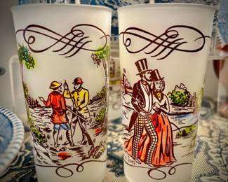 Blue Currier & Ives frosted tumbler glasses