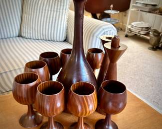 MCM vintage wood decanter and turned goblets. Also includes mid-century wood candleholders
