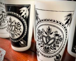 Hazel Atlas "Love Birds" milk glass - ice bucket & tumblers