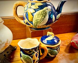 Vintage Henriksen majolica teapot and cream & sugar