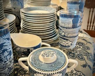 Blue Currier & Ives china set - 170+ pieces, plus multiple serving pieces, glassware, butter dish, cream & sugar, handled platters, dinner plates, lunch plates, bowls, coffee cups & saucers