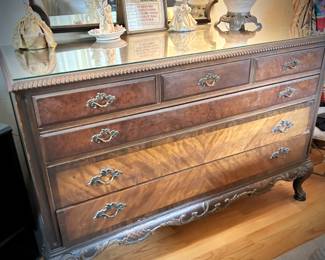 Antique flame mahogany & burl bedroom set - queen bed, bedside stand, dresser & mirror, and highboy