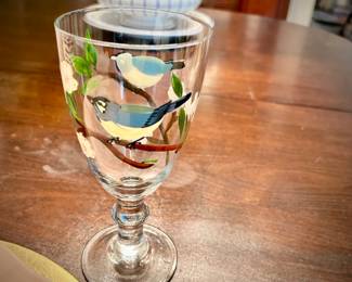 Water glass with hand-painted birds