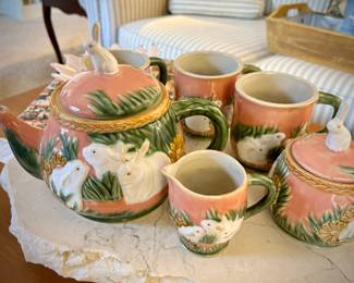 Vintage Henriksen majolica bunny teapot, cream & sugar, and mugs