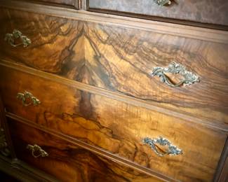 Antique flame mahogany & burl bedroom set - queen bed, bedside stand, dresser & mirror, and highboy