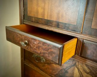 Antique flame mahogany & burl bedroom set - queen bed, bedside stand, dresser & mirror, and highboy