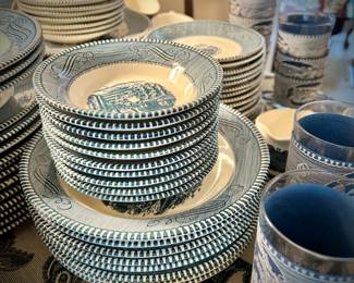 Blue Currier & Ives china set - 170+ pieces, plus multiple serving pieces, glassware, butter dish, cream & sugar, handled platters, dinner plates, lunch plates, bowls, coffee cups & saucers
