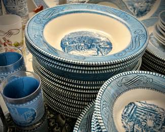 Blue Currier & Ives china set - 170+ pieces, plus multiple serving pieces, glassware, butter dish, cream & sugar, handled platters, dinner plates, lunch plates, bowls, coffee cups & saucers