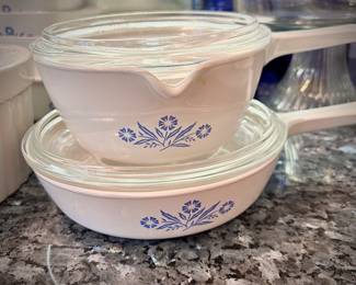 20 pieces of Corningware "Blue Cornflower" casserole dishes, pots, and pie dish