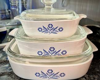 20 pieces of Corningware "Blue Cornflower" casserole dishes, pots, and pie dish