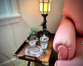 Campaign side table and stained glass table lamp