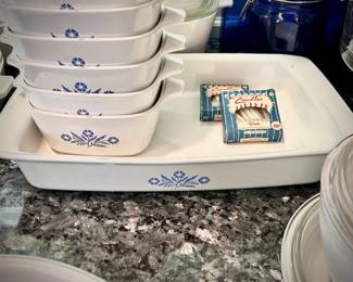 20 pieces of Corningware "Blue Cornflower" casserole dishes, pots, and pie dish